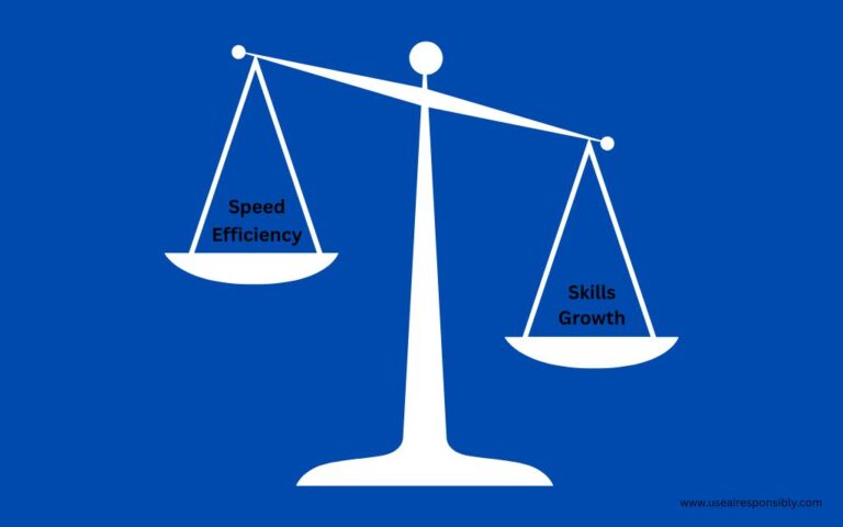 Graphic demonstrating What you trade when using AI. It's scale that has. speed and efficiency on the lighter side and Skills and growth on the heavier side of the scale.
